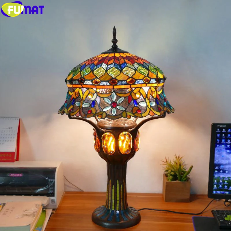 Fumat Tiffany Style Table Lamp Stained Glass Retro Antique Colorful Lash Desk Light Rare Mosaic Turtleback Base Rose Bird Pink Led Table Lamps Aliexpress