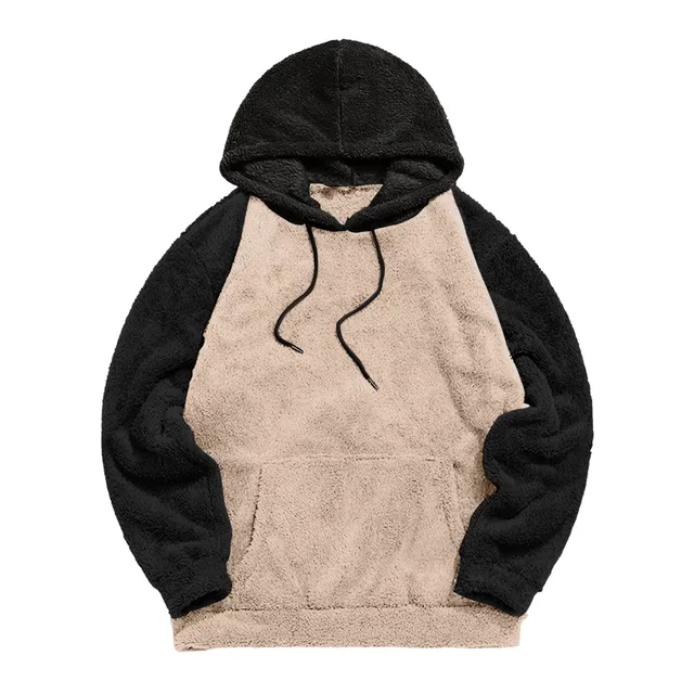 Men Fuzzy Pullover Hoodie Sweatshirt Long Sleeve Sport Front Pocket Fall Outwear Streetwear Patchwork Hooded Sweatshirts 5