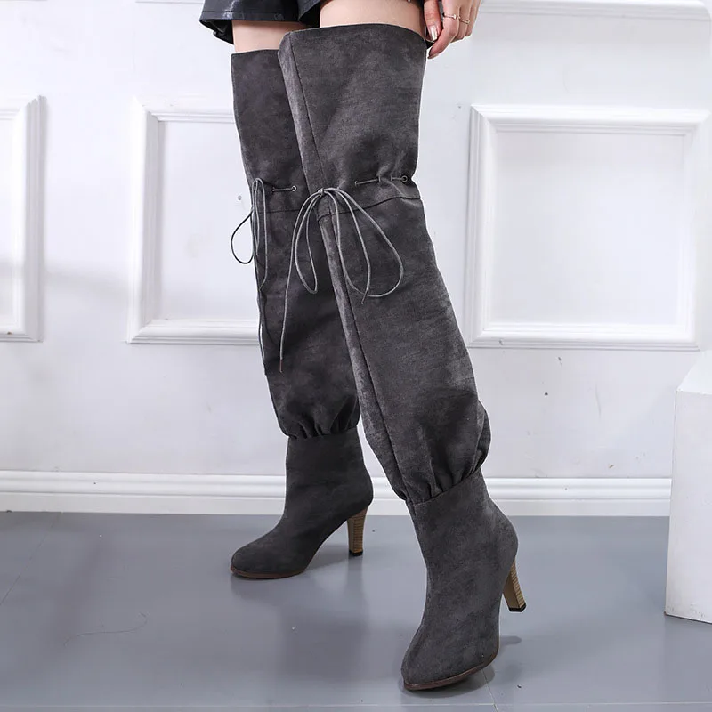 

Black Suede Woman Pointed Toe Over The Knee Lace-Up Autumn Sexy Pants Belts Boots High Heel Square Toe Long Boots Office Lady