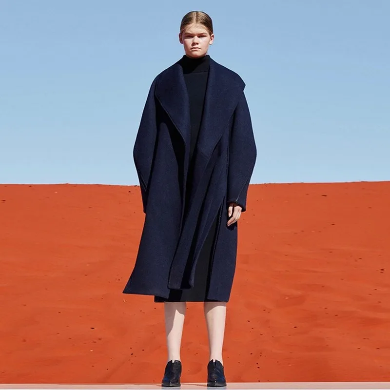 Autumn Winter 2021 Wool Coat Navy Blue Lapel Long Women's Woolen Female Blends Causal Loose Outwear | Женская одежда