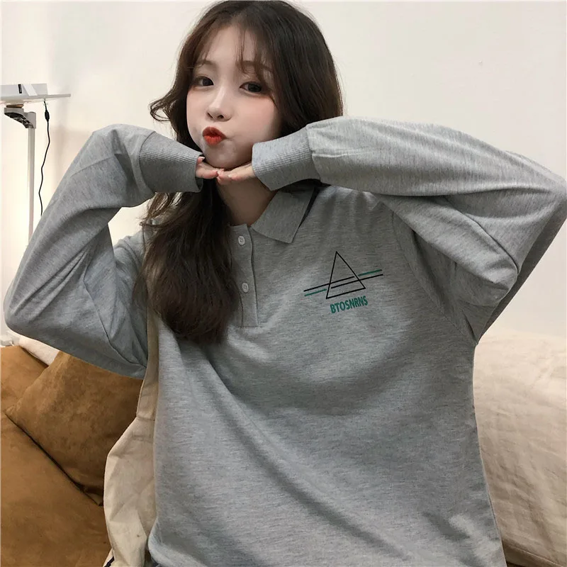 Letters Printed Polo Shirt Women Long Sleeve Autumn Winter New Loose Casual Printing Lapel Shirt Lady Black Grey Bottoming Tops