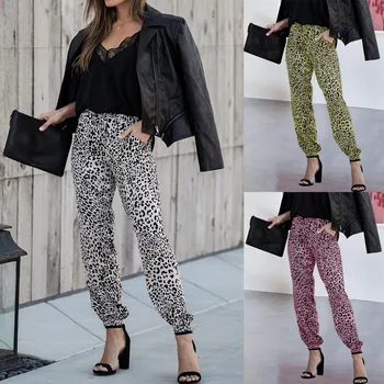

pants for women sweat pants plus size Fashion Women Casual Leopard Print Elastic Middle Waist Long Pants Trousers брюки женские