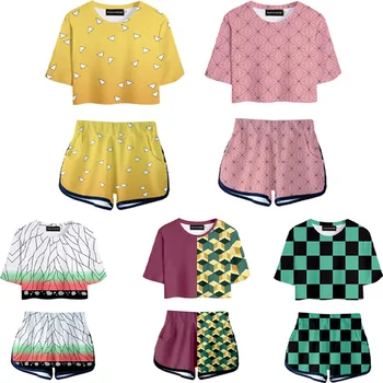 

Anime Devil's Blade Printed Women Two Piece Set Fashion Summer Short Sleeve Crop Top+Shorts 2019 Hot Sale Streetwear Clothes