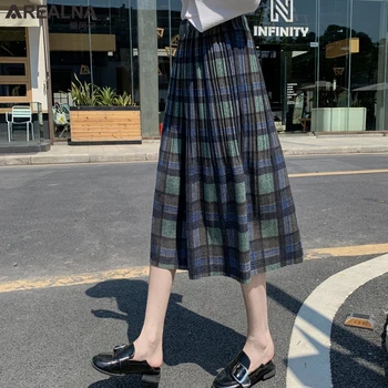 

Korean Style Black School Pleated Skirt for Women Plaid Tweed Skirts Womens Long Skirts Womens Midi Skirt Checkered Tartan Skirt