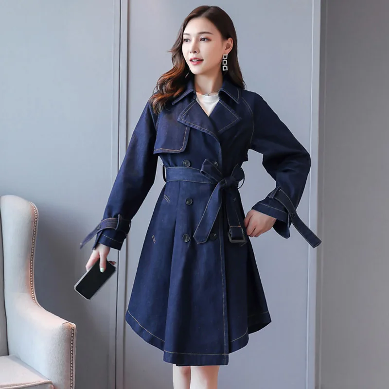 new spring Casual Medium and long section Trench Coats fashion Cotton Long sleeve Double Breasted Coats womens