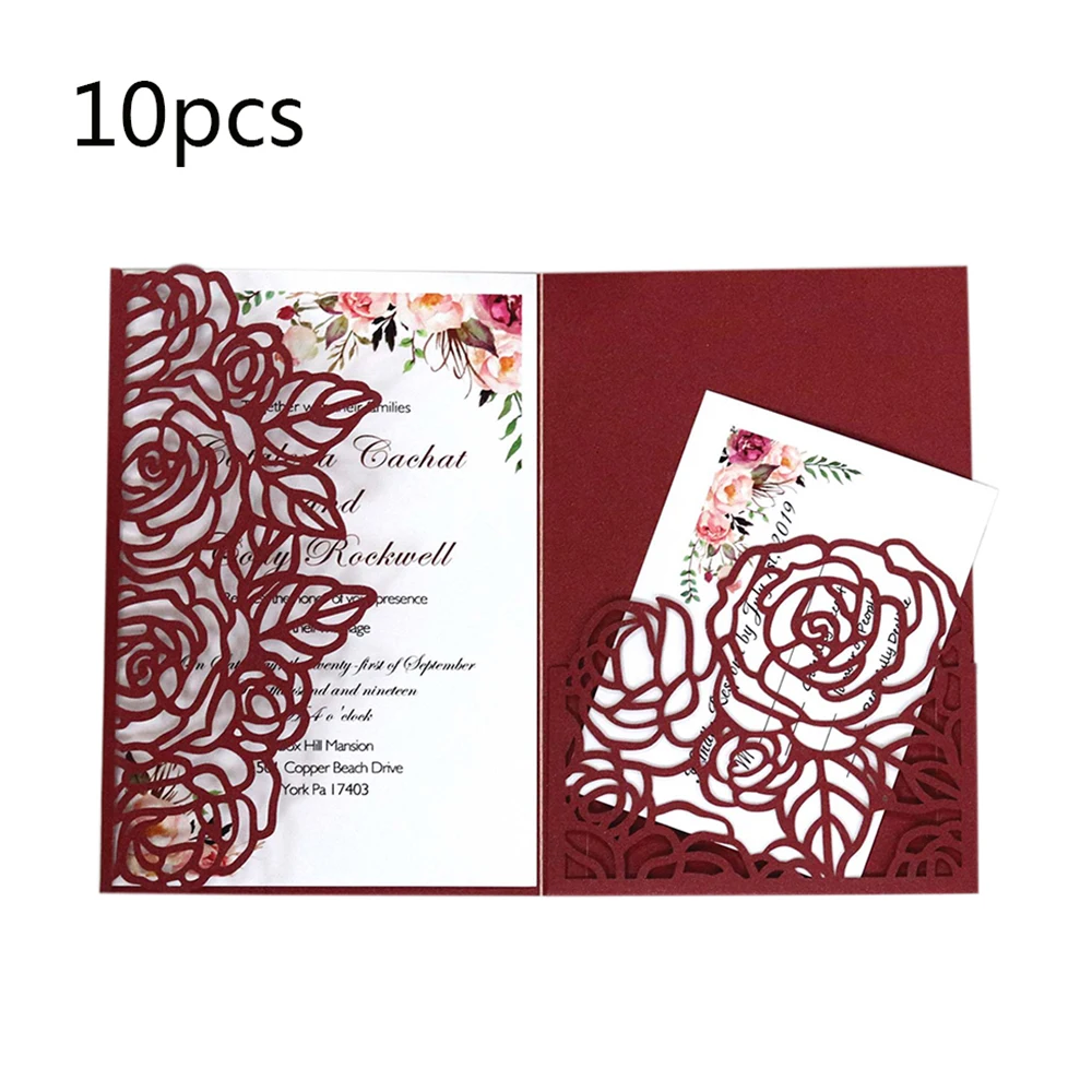 10 sets Laser Cut Hollow Rose Shape Card Romantic Wedding Invitations Birthday Party Decoration Supplies