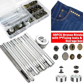 

50 Set 4 Sizes Leather Rivets Snap Fasteners Kit Metal Button Snaps Press Studs With 9 Pieces Installation Tools for Clothes