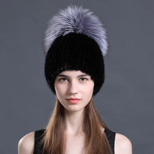 Real Mink Fur Hats Women Winter Warm Caps With Big Fox Fur Ball Skullies Beanie Handmade Fluffy Soft - Цвет: Black 1