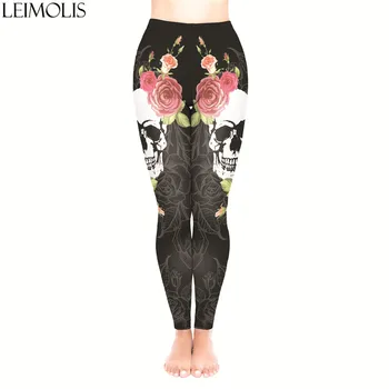 

LEIMOLIS 3D print flower skull Gothic black fitness push up workout leggings women Harajuku High Waist punk rock sexy leggins