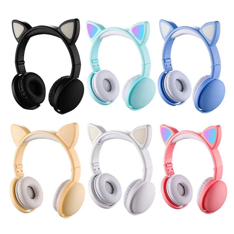 Wireless LED Cat Cute Ear Headphone Folding Headset Bluetooth Earphone Kid Girls Noise Canceling Line Type Headset For Android