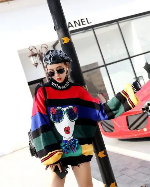 bow tie sweater PEONFLY, новинка, осенне-зимний свитер для женщин, оверсайз, полосатый джемпер с принтом из мультфильма, Свободный пуловер, топы, Femme - Цвет: bow tie sweater
