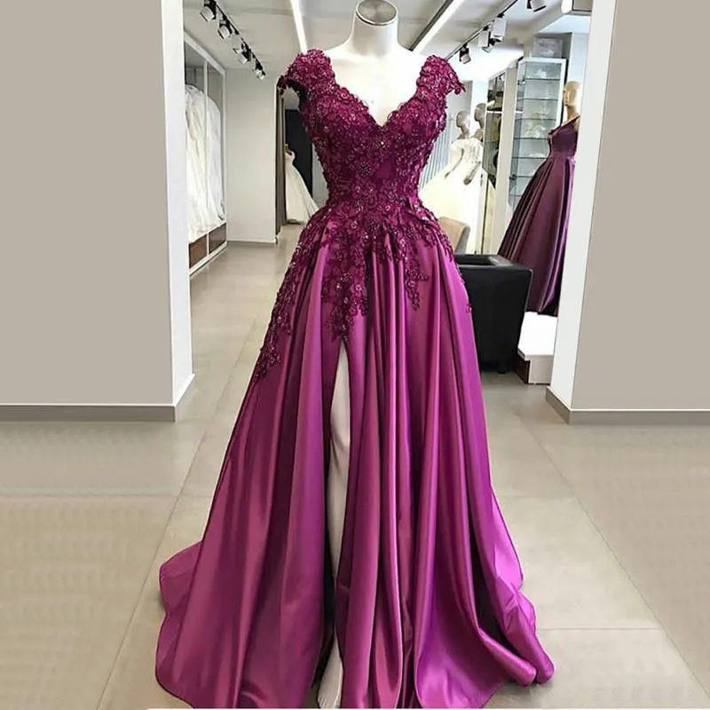 

Elegant Long Purple New Dresses abendkleider 2023 Sexy High Slit Beaded Applique vestidos de fiesta largos elegantes de gala