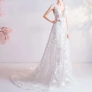 

Illusion Lace Wedding Dress Cross Belt Backless 2020 V-neck Court Train Appliques Lace Tulle A-Line Bride Gowns Party Vestidos