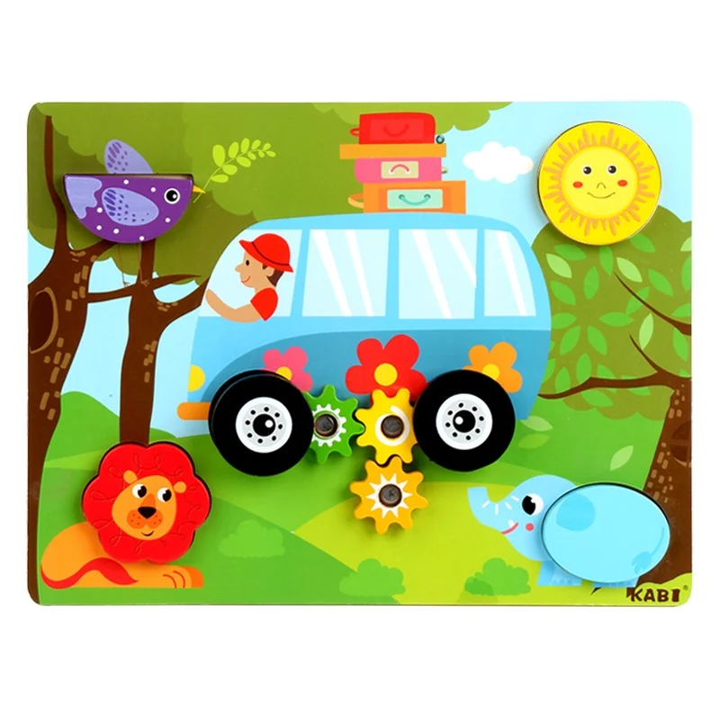 Children's wooden puzzle toy cartoon three-dimensional puzzle car forest gear three-dimensional puzzle hand-eye coordination toy