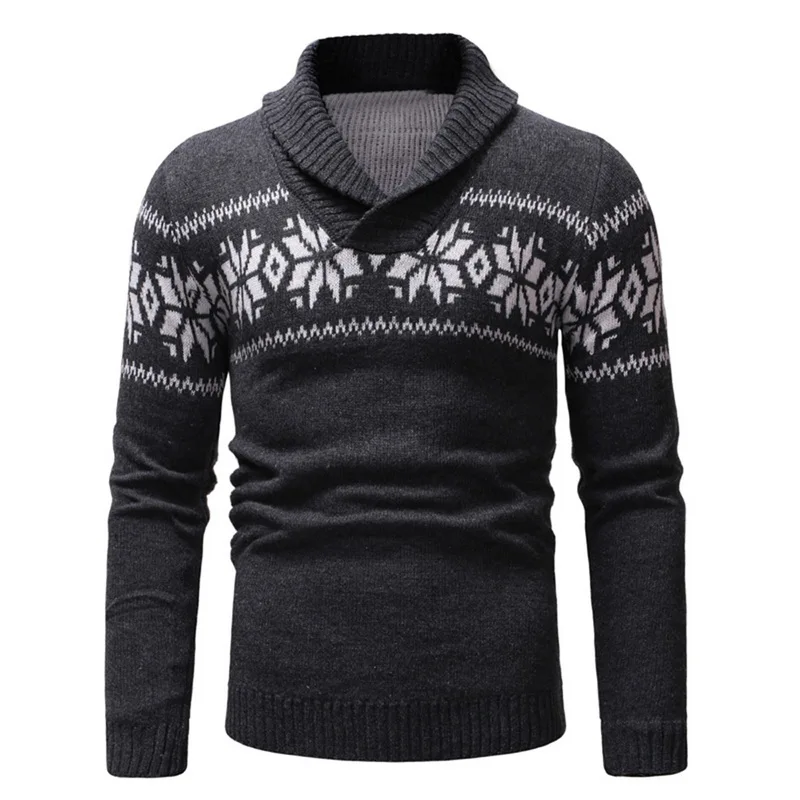 HEFLASHOR, Мужской Повседневный свитер с длинным рукавом, облегающий вязаный пуловер, топ с v-образным вырезом, водолазка, Рождественский узор, осенне-зимний свитер - Цвет: Dark Gray