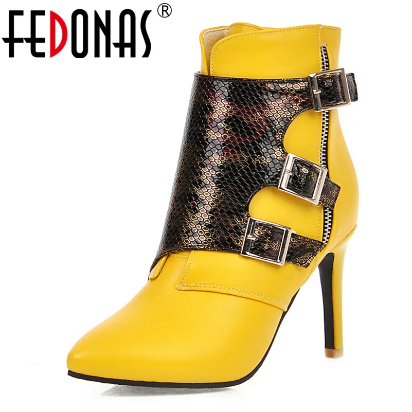 

FEDONAS Sexy Women Ankle Boots Fashion High Heels Pointed Toe Party Night Club Shoes Woman Autumn Winter Buckle Big Size Boots