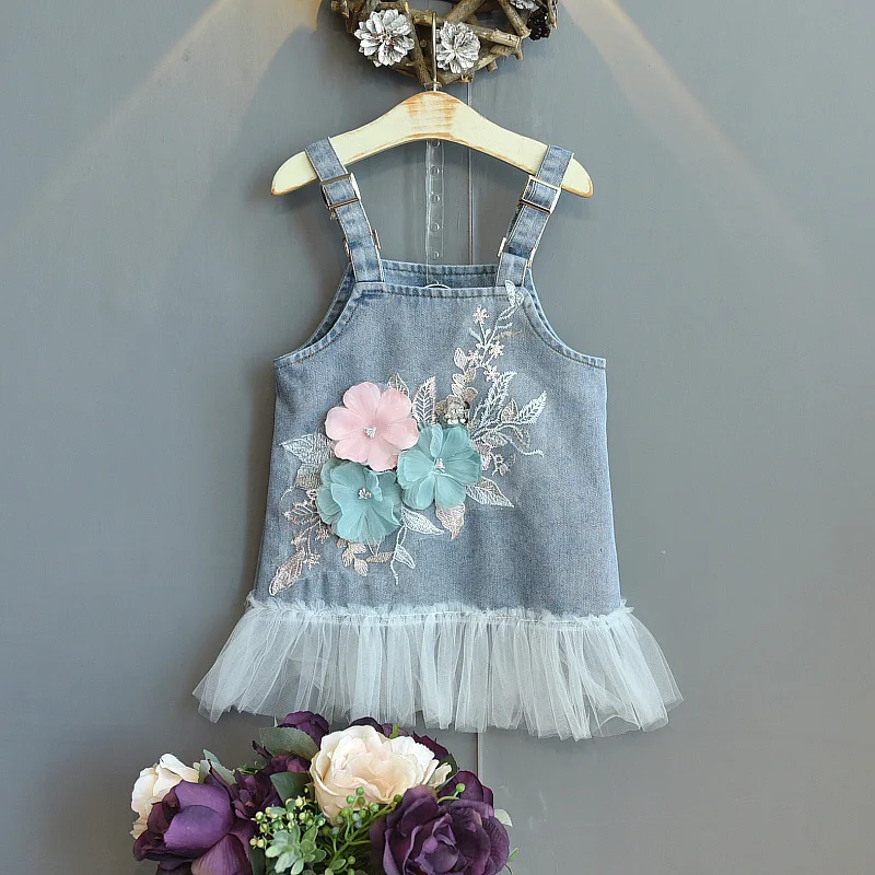 Kids Baby Girls Summer Off Shoulder Knee-length 3D Flower Mesh Patch Denim Dresses Toddler Children Clothes 2-7Y | Детская одежда и