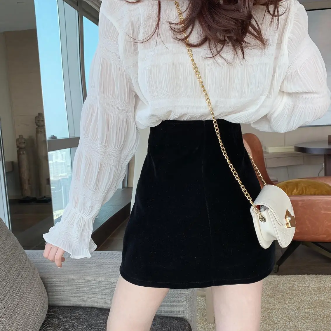 Ins CHIC Europe French Irregular Velvet Hand Bead Rhinestone Woman Velour Mini Skirt High Waist Bodycon Lady Bottom Black Winter
