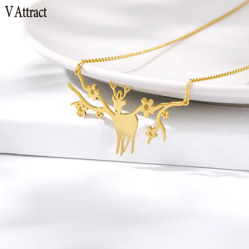 V Attract Christmas Necklaces Elk Deer Antlers Pendant Necklace Gift for Women Gold Clavicle Chain Jewelry Collier Femme | Украшения и