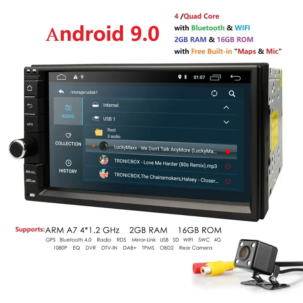 

Hizpo Quad Core 7" 2Din Android 9.0 Car NO-DVD Radio Multimedia Player 1024*600 Universal GPS Navigation auto radio Stereo Audio