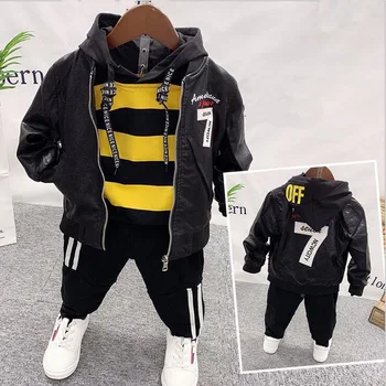 

boys Faux leather coat + hoodie + pants 3pcs Set Boys 2-6Years Clothes Sets Spring Autumn Baby Boy Clothing Toddler Casual sets