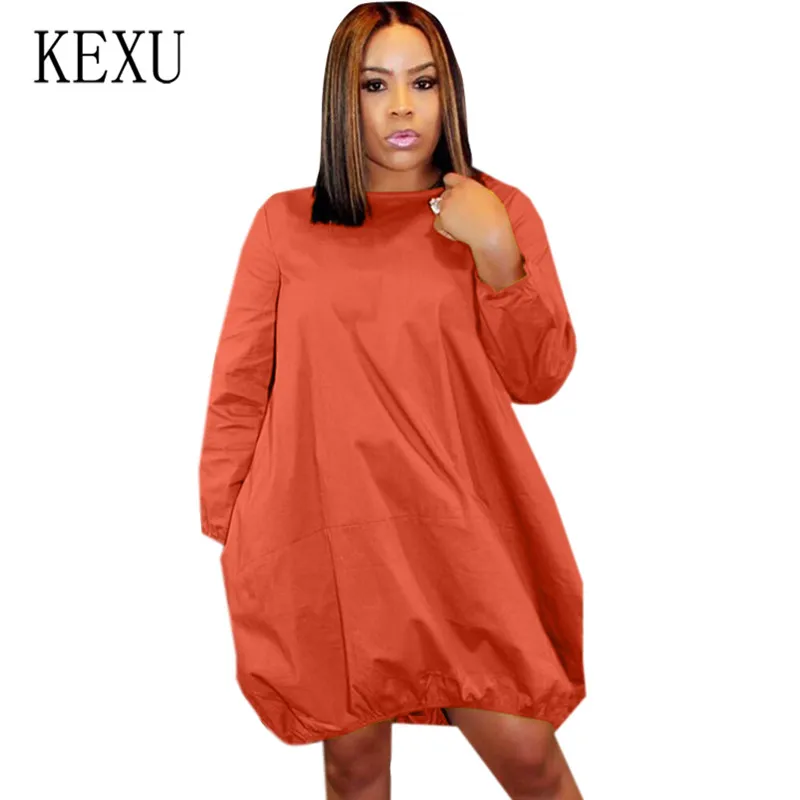 

KEXU Plus Size S-3XL Women Solid Long Sleeve O Neck Pocket Loose Dresses Femme Casual Autumn Vintage Short Dress Ropa Mujer