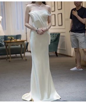 

2021 Sexy Simple Satin Lvory Mermaid Prom Dress Strapless Ruffles Backless Wedding Party Guests Ceremony Evening Gown Formal New