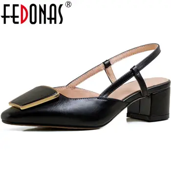 

FEDONAS Genuine Leather Women Shoes Concise Thick Heels Pumps Spring Summer Basic Metal Decoration Elegant Wedding Shoes Woman