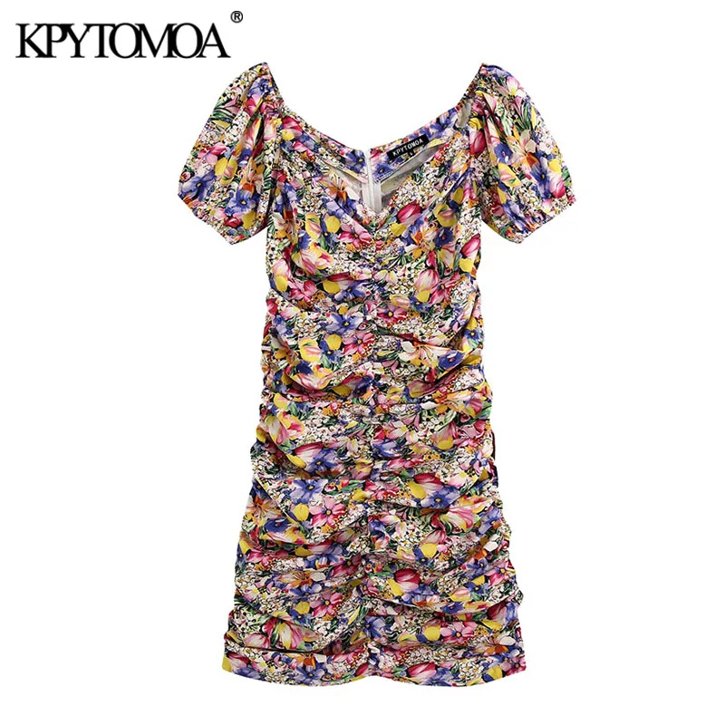 KPYTOMOA Women 2020 Chic Fashion Floral Print Draped Mini Dress Vintage V Neck Short Sleeve Back Zipper Female Dresses Vestidos KPYTOMOA Women 2020 Chic Fashion Floral Print Draped Mini Dress Vintage V Neck Short Sleeve Back Zipper Female Dresses Vestidos