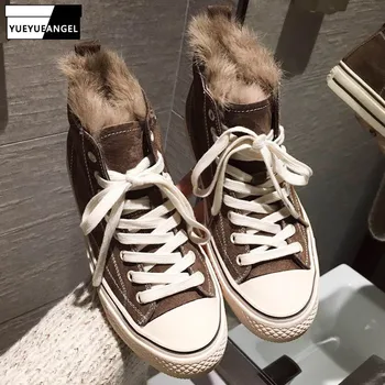 

Winter Women Casual High Top Canvas Shoes Thick Warm Fur Lining Shoes Lace Up Flat Canvas Footwear Female Joggers Sneakers Khaki