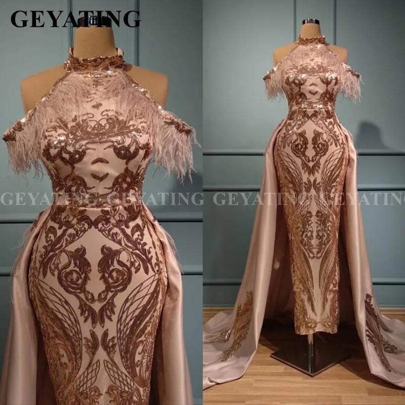 Rose Gold Sequin Mermaid Veer Arabisch Prom Dresses met Afneembare Rok Hoge Hals Off Shoulder Afrikaanse Formele Avondjurken Rose Gold Sequin Mermaid Veer Arabisch Prom Dresses met Afneembare Rok Hoge Hals Off Shoulder Afrikaanse Formele Avondjurken