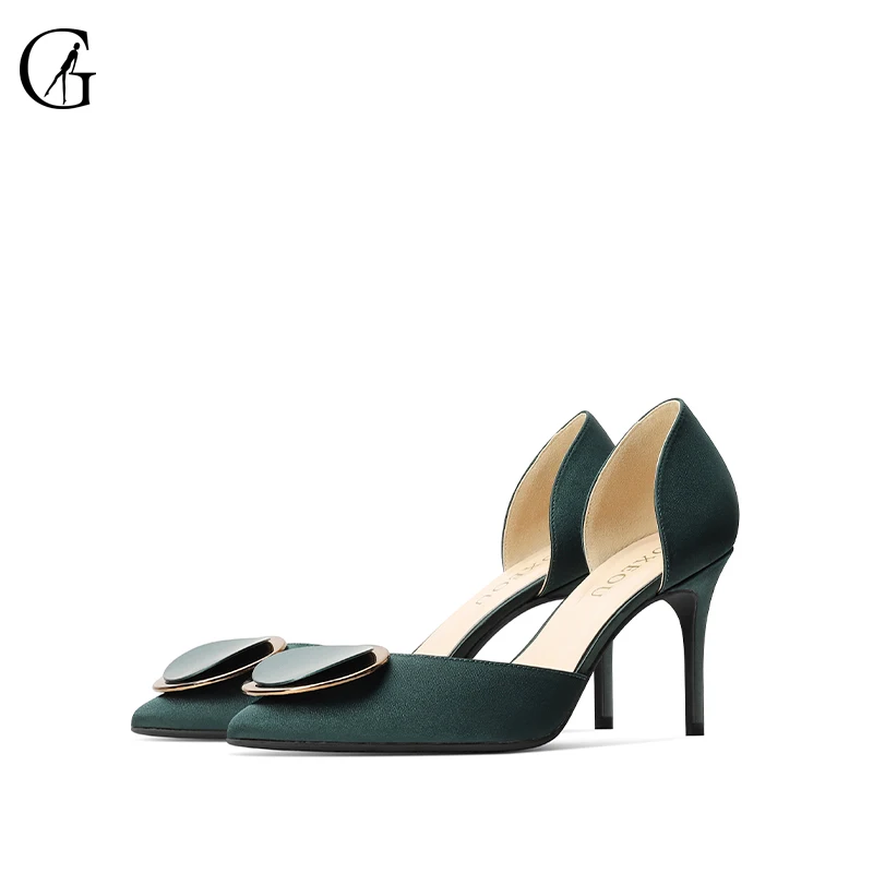 

GOXEOU/2019 Autumn New women Pumps Green Pointed Toe Silk Shoes Metal Decoration High Heel Shoes
