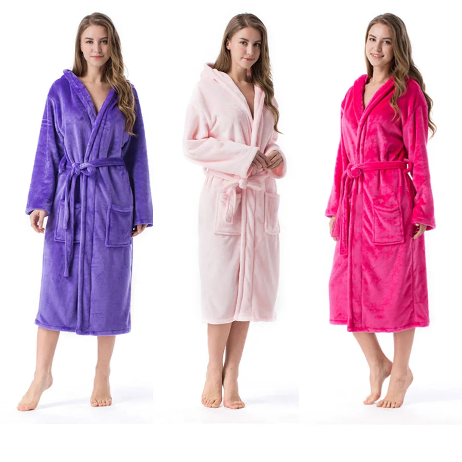 2020 Winter Kimono Robe Plush Fleece Bath Robes For Women Soft Warm Long Sleeve Hooded Nightgown Loungewear Sleepwear