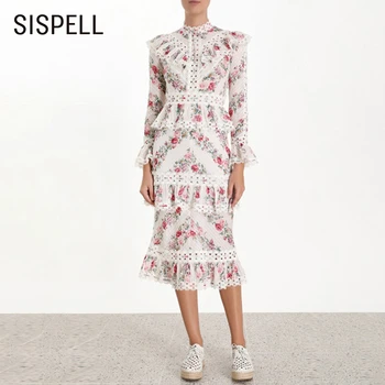 

SISPELL Print Patchwork Ruffle Women's Dress Stand Collar Long Sleeve High Waisrt Slim For Female Vintage Dress Autumn Fashion