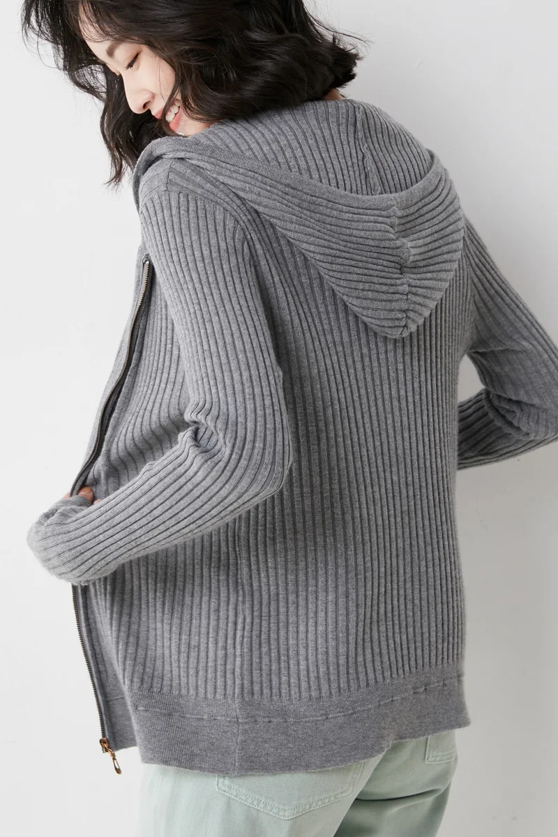 

21 Spring and Autumn New Zipper Hooded Cardigan Women's Jacket Loose Sweater Short Long Sleeve Knitted Hoodie 60104