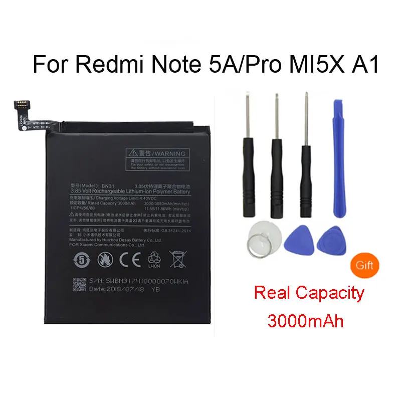 

Original Phone Battery BN31 for Xiaomi Mi 5X Mi5X Redmi Note 5A / Pro Mi A1 Redmi Y1 Lite S2 3000mAh Li-ion Batteries + Tools