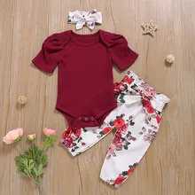 Комбинезон для маленьких девочек, Топы+ штаны с цветочным рисунком+ набор повязок, модная одежда с короткими рукавами и круглым вырезом для новорожденных девочек