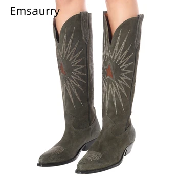 

2020 New Winter Sewing Star Knee-high Boots Women Med Square Heel Pointed Toe Luxury Suede Patchwork Runway Botas Mujer