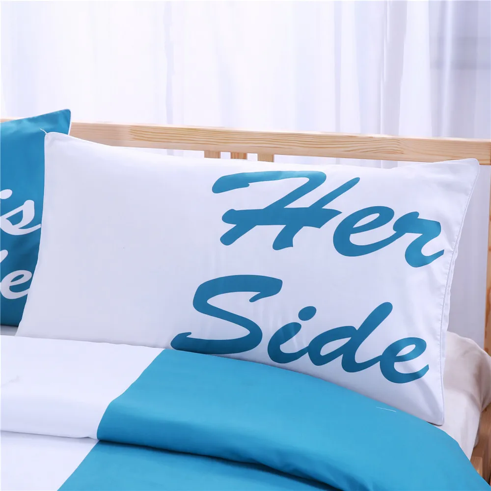 Blue and White Bedding Set His Side & Her Side Couple Home textiles Soft Duvet Cover with Pillowcases 3Pcs Hot