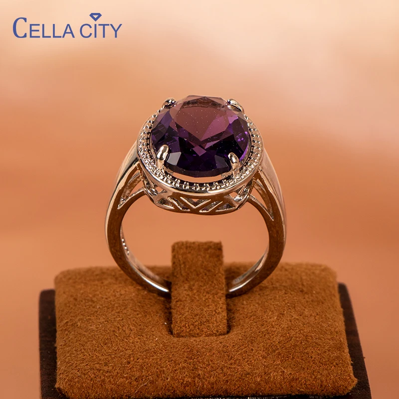 Silver Rings Cellacity Classic Amethyst Oval Shaped Gemstones for Women Engagement Gift size 6-10