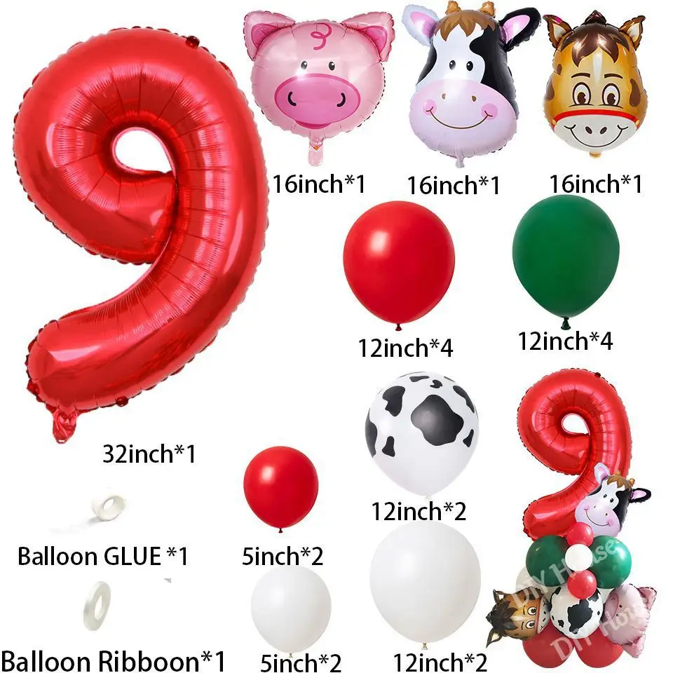 22pcs Farm Animal Theme Cow/Pig Balloons Tower Set 1-9inch Red Balloon Kids Happy Birthday Party Decoration Farm Party Supply 