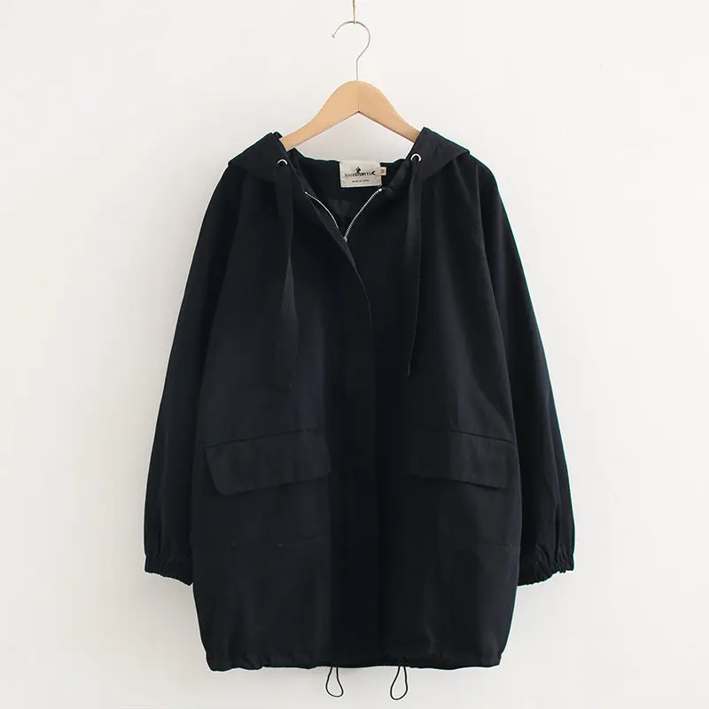 

Japanese-style Mori Girl Line Hipster Solid Color Loose-Fit Slimming Hooded Drawstring Zipper Casual Workwear Trench Coat WOMEN'