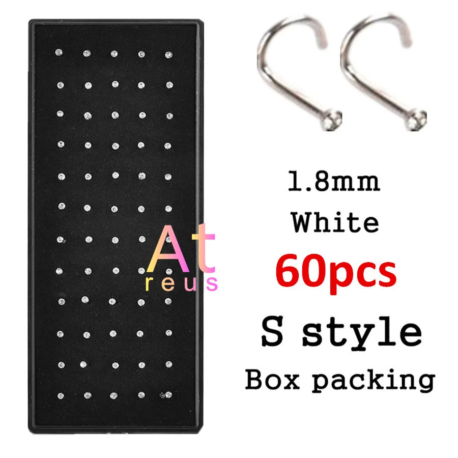 60pcs S white box 60/40/24/10 шт. панк S Стиль для пирсинга носа украшения для губ, ювелирное изделие для тела для Для мужчин Для женщин шпильки 1,8 мм Палочки дропшиппинг Нос Кольца Сталь - Окраска металла: 60pcs S white box