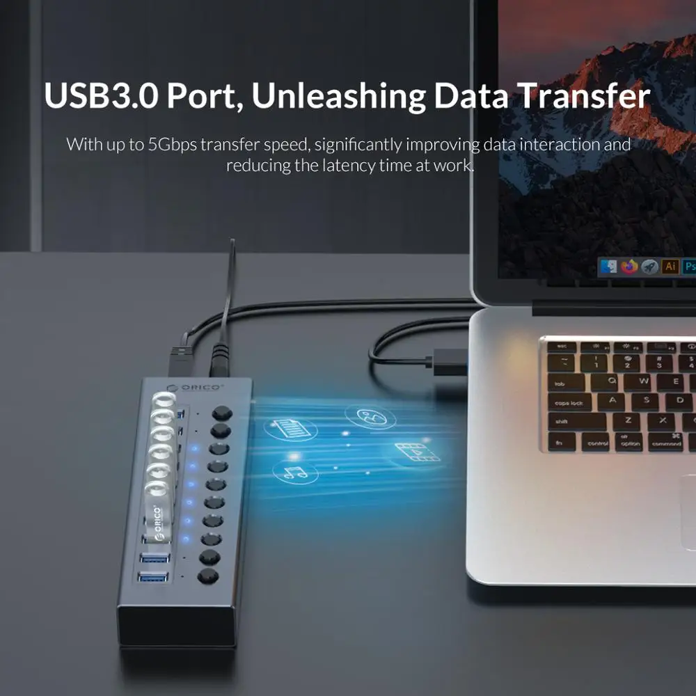 Orico-divisor Usb de Alumínio Ligar e Desligar Interruptor Suporte de Computador Adaptador de Alimentação 12v Industrial Usb 3.0 Hub 10 13 16 - Imagem 5