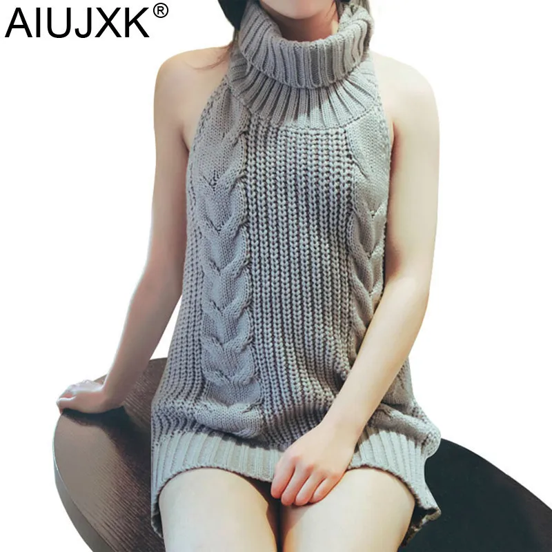 AIUJXK Virgin Killer Sweater Dress Japan Turtleneck Sleeveless Sexy Backless Knitted Long Sweaters Femlae Halter Lace Up Jumper | Женская