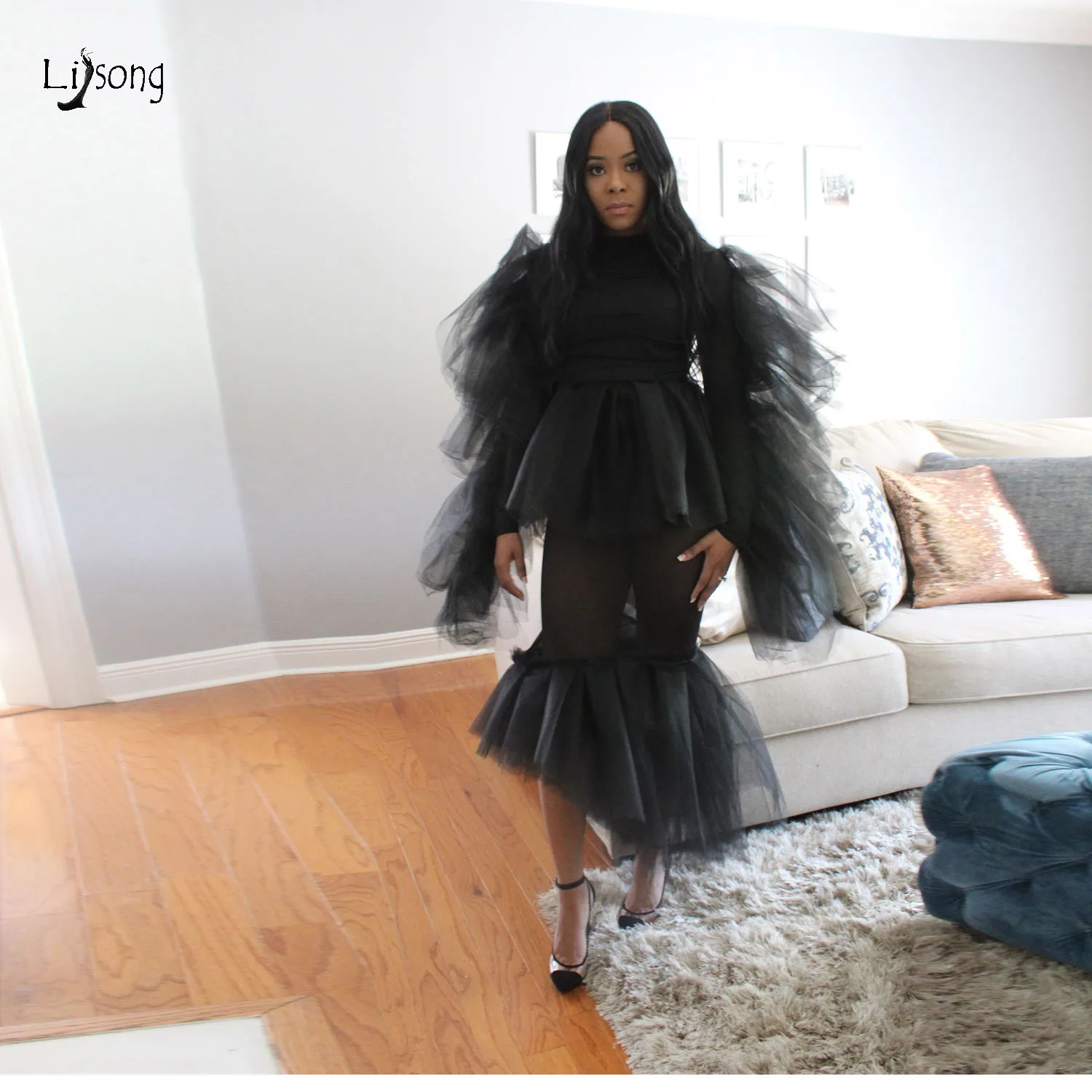 Мода 2019 черное Тюлевое вечернее платье с оборками и длинными рукавами