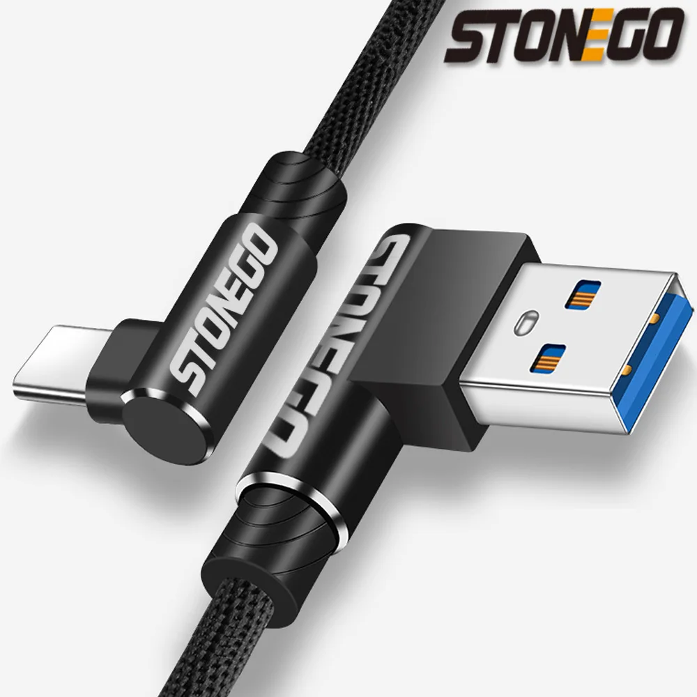 STONEGO Micro USB кабель 2A быстрое зарядное устройство USB TYPE C кабель Шнур 90 градусов локоть нейлоновый кабель для передачи данных Android телефон 1 м 2 м 3 м