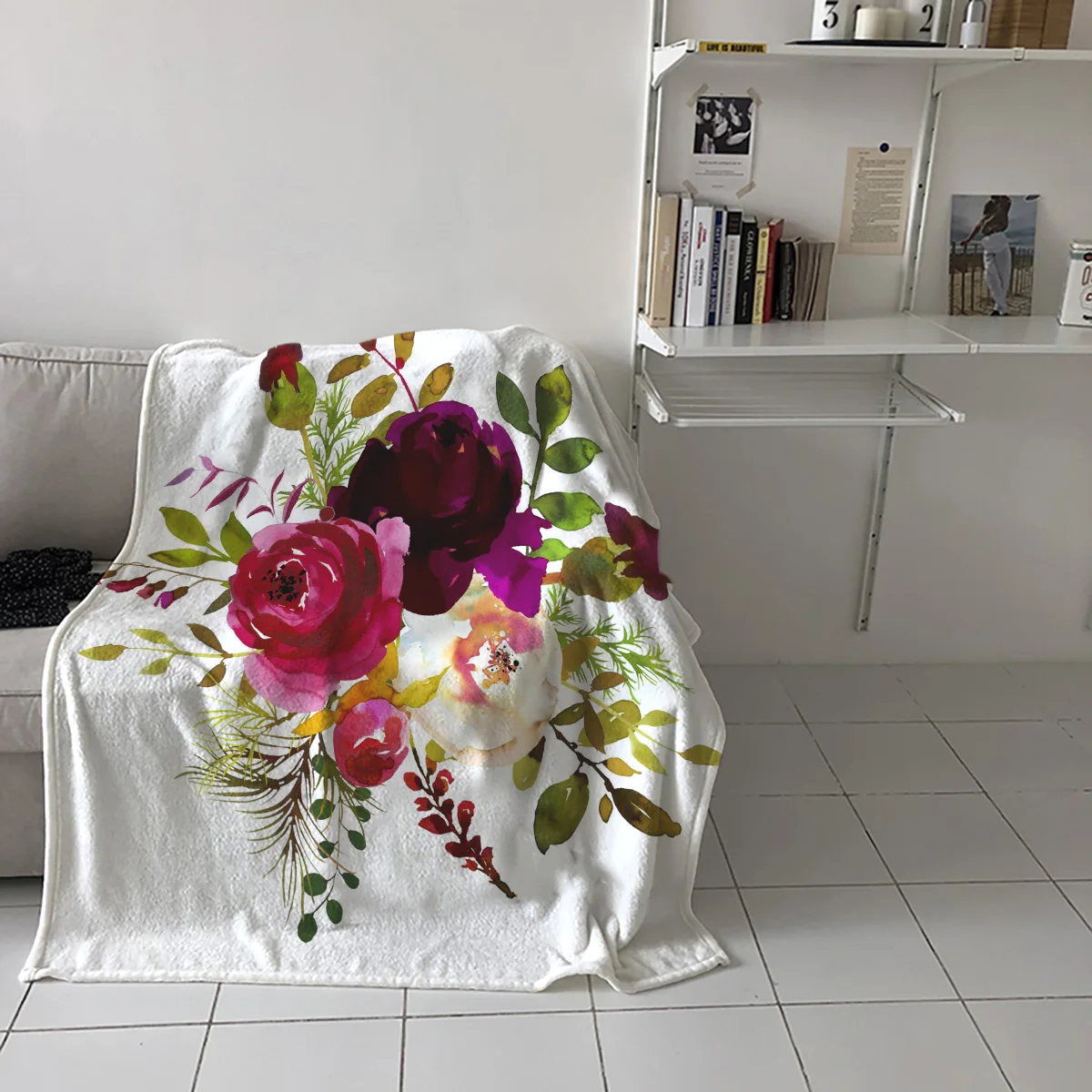 Peony Flower Leaves Watercolor Printed Flannel Blanket Soft Throw Blanket Machine Washable