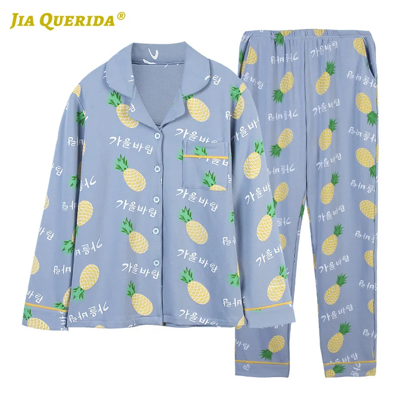 

New Blue Pineapple Printing Homesuit Homeclothes Fashion Style Casual Style Long Sleeve Long Pants Sleepwear Turn Down Collar