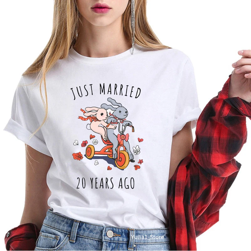 

Summer 2020 rabbits/bunny just married 20 years ago letters printed funny t shirts women graphic tees cute animal print tops